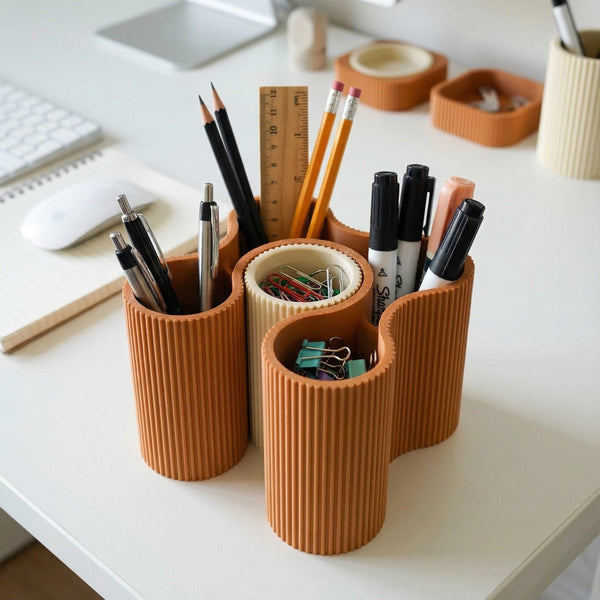 Desk Pen Holder | Ribbed Minimalist 3D Printed Desk Organizer - SMK Studio-desk pen holder